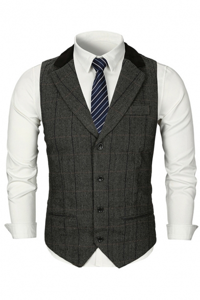 Mens Classic Plaid Print Sleeveless Button Up Slim Fit Leisure Blazer Vest