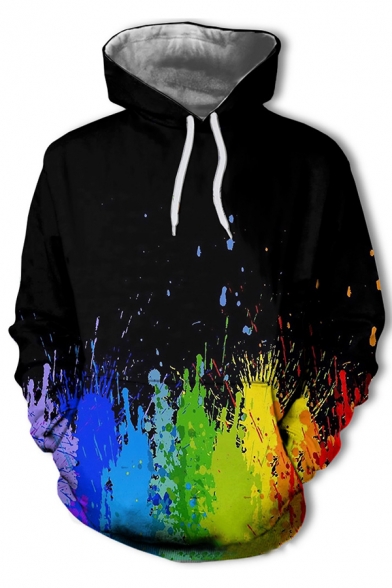 Mens Cool Colorful Splash Painting 3D Pattern Long Sleeve Black Drawstring Hoodie