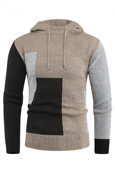 Mens Leisure Colorblocked Splicing Long Sleeve Knitted Drawstring Hoodie Fitted Hooded Sweater