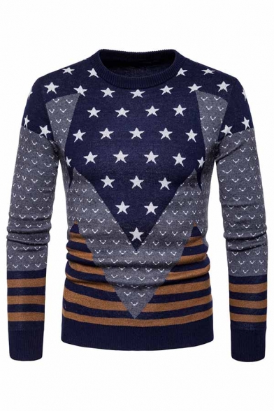 Mens New Fashion Stars Geometric Printed Long Sleeve Crewneck Slim Fit Casual Sweater Navy Knitwear