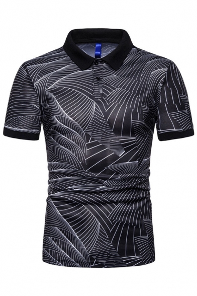 Mens New Trendy Geometric Print Short Sleeve Lapel Collar Slim Fit Polo Shirt