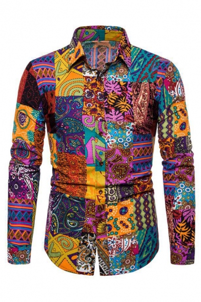 Mens Popular Cartoon Tribal Pattern Long Sleeve Button Up Slim Fit Colorful Shirt