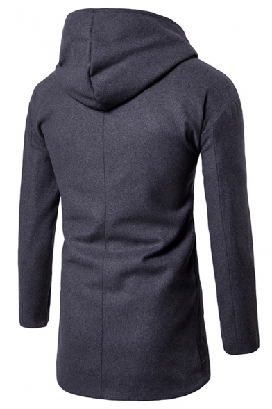 Mens Popular Simple Long Sleeve Hidden Placket Plain Tunic Hooded Wool Coat