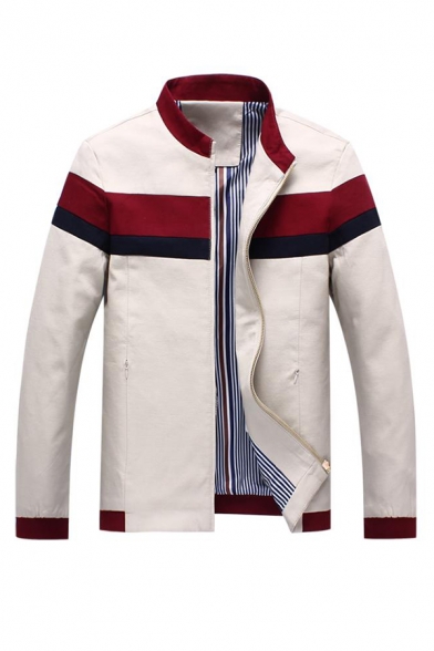 Mens Popular Striped Printed Long Sleeve Stand Collar Zip Up Casual Jacket