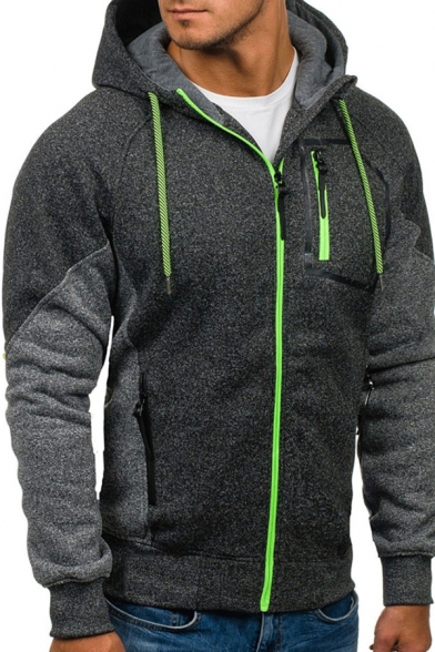 Mens Simple Zipper Pocket Colorblocked Long Sleeve Zip Up Slim Fit Sports Hoodie