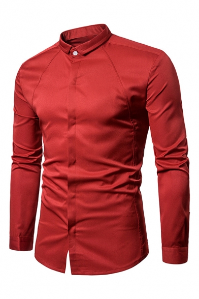 Metrosexual Mens Casual Long Sleeve Hidden Placket Slim Fit Solid Color Simple Shirt