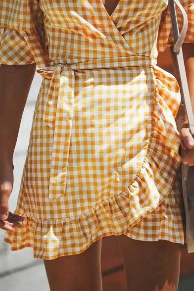 Orange Cute Girls' Bell Sleeve Surplice Neck Plaid Print Ruffled Trim Bow Tie Waist Mini Wrap A-Line Dress
