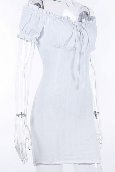 Plain White Stringy Selvedge Embellished Off Shoulder Tied Front Short Sleeve Fitted Mini Dress