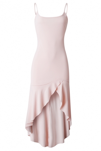 Sexy Trendy Ladies' Sleeveless Ruffled Trim Slit Side Plain Asymmetric Long Pleated Flowy Cami Dress