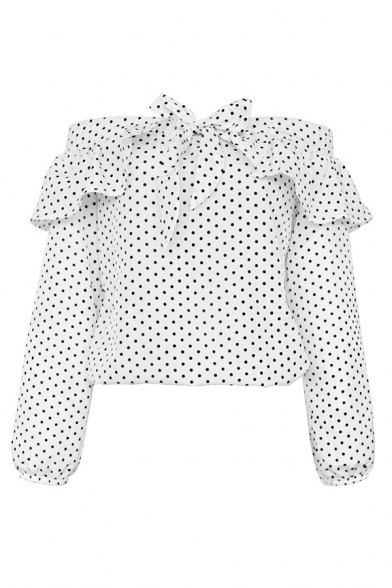 Simple Polka Dot Printed Ruffled Off Shoulder Bowknot Front Long Sleeve Blouse Top for Women
