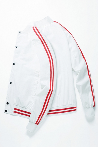 Simple Stripe Printed Long Sleeve Single Breasted Stand Collar Leisure Varsity Baseball Jacket