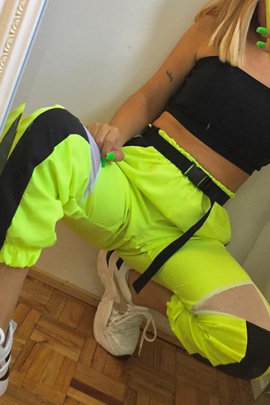 Sport Street Green Elastic Waist Contrasted Piped Sheer Mesh Patched Cuffed Ankle Oversize Tapered Trousers for Female