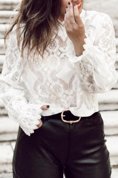 Spring Fashion Plain Mock Neck Bell Long Sleeve Floral Lace Shirt Blouse for Women