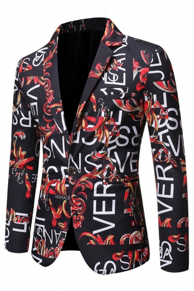 Stylish Floral Letter Graffiti Pattern Long Sleeve One Button Slim Fit Leisure Suit Blazer for Men
