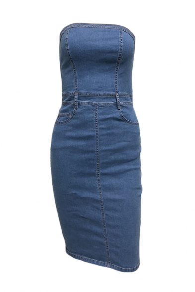 Summer Fashion Strapless Zip Placket Split Back Plain Denim Blue Midi Bandeau Dress with Pocket