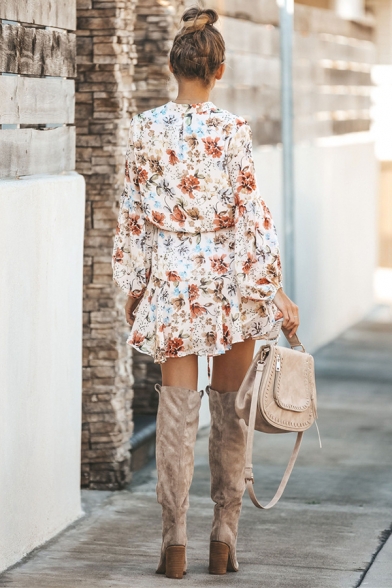Trendy Ladies' Blouson Sleeve Band Collar Floral Print Button Bow Tie Waist Pleated Mini A-Line Shirt Dress in Apricot