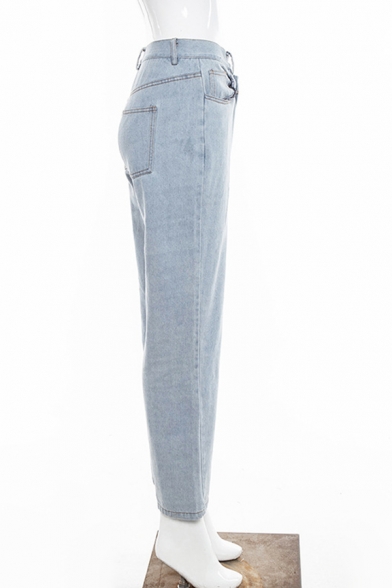 Trendy Street Girls' Mid Rise Asymmetric Relaxed Fit Full Length Straight Jeans in Blue