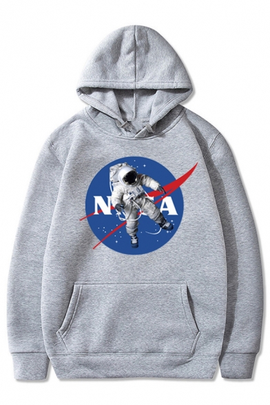 Unique Astronaut NASA Logo Printed Long Sleeve Kangaroo Pocket Boxy Pullover Hoodie