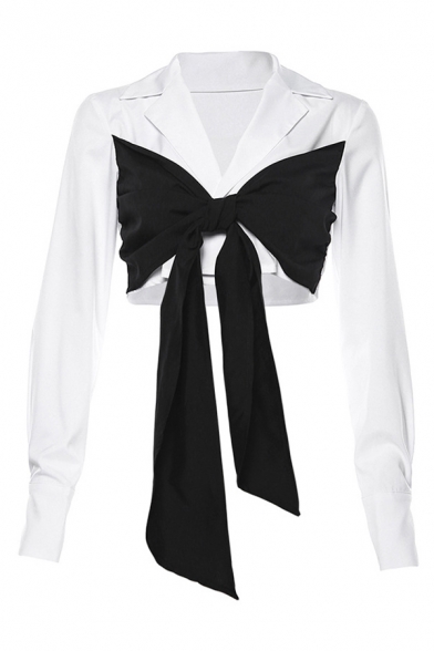 Unique Women's Long Sleeve Deep V-Neck Bow-Tie Patched Fitted Crop Blouse in White