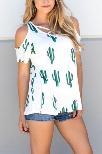 White Cute Cactus Print Cold Shoulder Short Sleeve Cross Front Round Neck Leisure T-Shirt