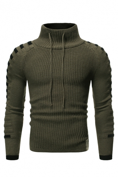 Winter Casual Ribbed Knit  Striped Long Sleeve Drawstring High Neck Slim Fit Pleated Pullover Sweater