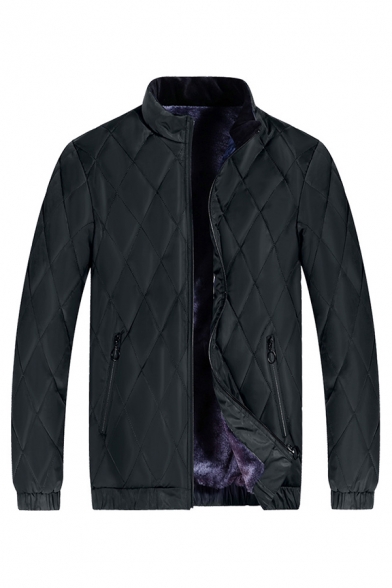 Winter Stylish Plain Black Long Sleeve Stand Collar Zip Closure Quilted Down Jacket Coat