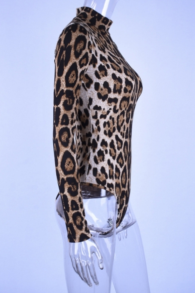 Women's Sexy Soft Long Sleeve High Neck Leopard-Printed Tight Bodysuit in Brown