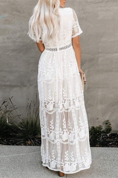 Women's Trendy White V-Neck Short Sleeve Cutout Waist Maxi Holiday Lace Dress