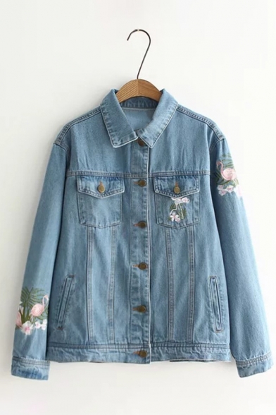 Womens Chic Flower Embroidery Long Sleeve Single Breasted Denim Blue Jacket