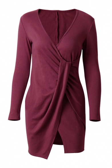 Womens Chic Plain V-Neck Long Sleeve Fitted Mini Wrap Dress for Party