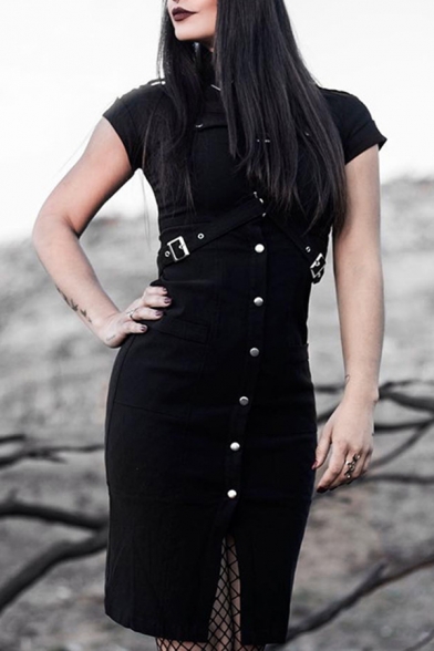 Womens Cool Streetwear Black Plain Single Breasted Short Sleeve Midi Bodycon Uniform Dress