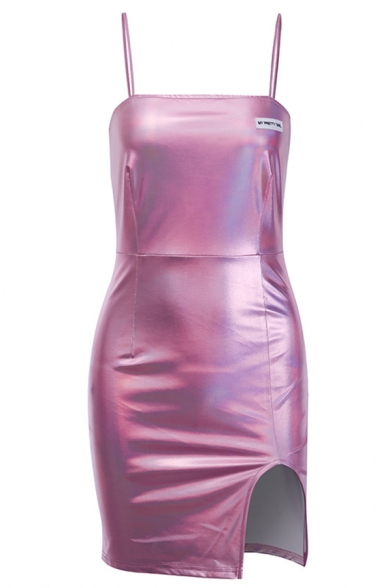 Womens Fashion Plain Metallic Slit Front Nightclub Wear Fitted Mini Strap Dress