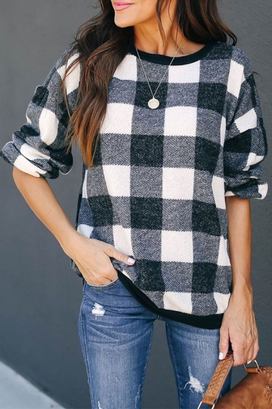 Womens Fashionable Color Block Plaid Pattern Long Sleeve Loose Classic Gingham Sweatshirt