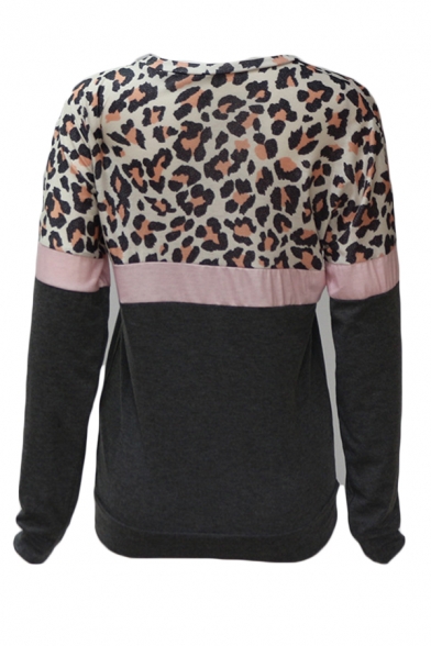 Womens Fashionable Leopard Printed Color Block Long Sleeve Casual Pullover Sweatshirt