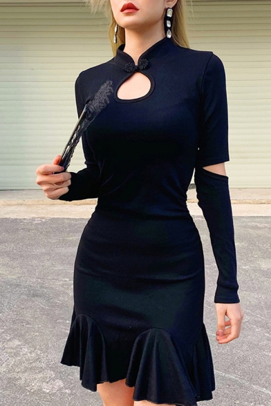 Womens Popular Mandarin Collar Cut Out Long Sleeve Plain Black Mini A-Line Ruffle Dress for Party