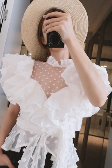 Womens Popular Plain Polka Dot Print Falbala Embellished Stand Collar Tied Waist White Blouse Top