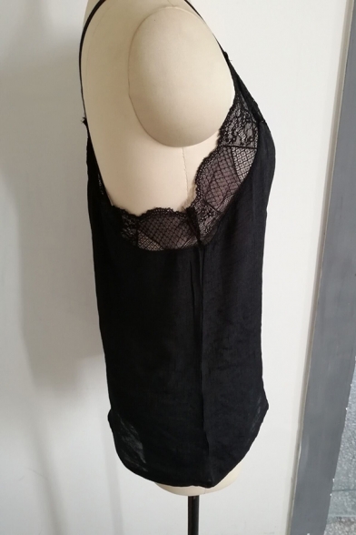 Womens Popular Sheer Mesh Patched V-Neck Spaghetti Straps Loose Cami Top