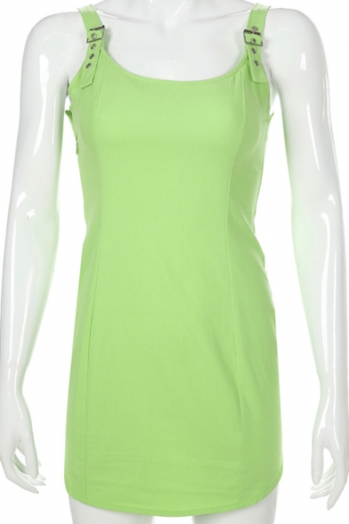 Womens Popular Solid Color Green Adjustable Straps Arc Hem Mini Nightclub Dress