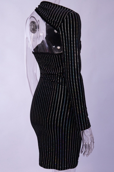 Womens Sexy Black Iridescent Rhinestone Studded One Shoulder Sleeve Mini Designer Fitted Dress with Cut Out Detail