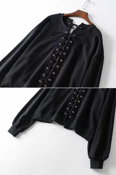 Womens Sexy Black Lace Up Front Long Sleeve Loose Boyfriend Pullover Sweatshirt