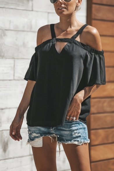 Womens Sexy Hollow Out Front Cold Shoulder Short Sleeve Plain Chiffon Blouse T-Shirt