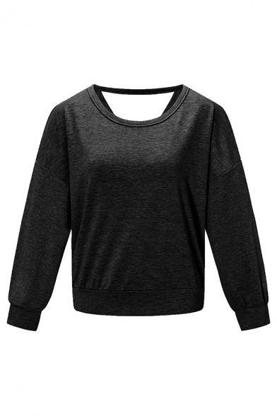 Womens Sexy V-Back Long Sleeve Plain Casual Pullover Sweatshirt