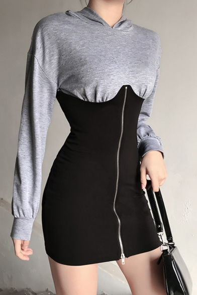 Womens Simple Color Block Panel Long Sleeve Zip Placket Casual Mini Hooded Dress