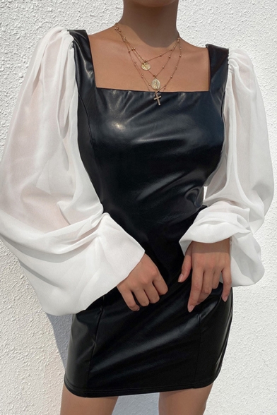 Womens Unique Chiffon Panelled Lantern Long Sleeve Square Neck PU Leather Black Mini Party Dress