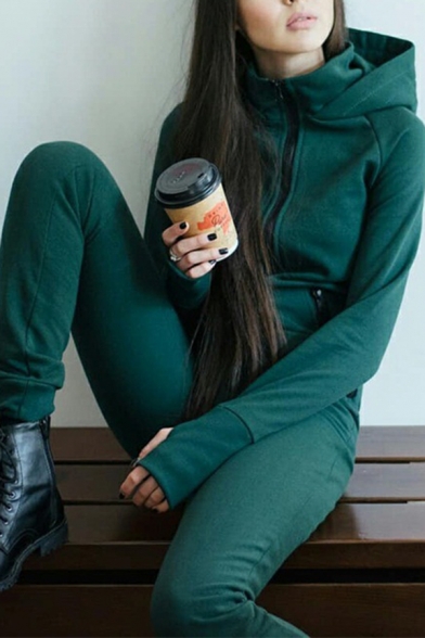 Basic Casual Women's Long Sleeve Hooded Zipper Front Cuffed Long Slim Fit Jogger Jumpsuit in Green