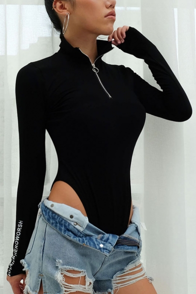 Basic Cool Women's Long Sleeve High Neck Half Zip HEROWORSHIP Letter High Cut Slim Bodysuit in Black