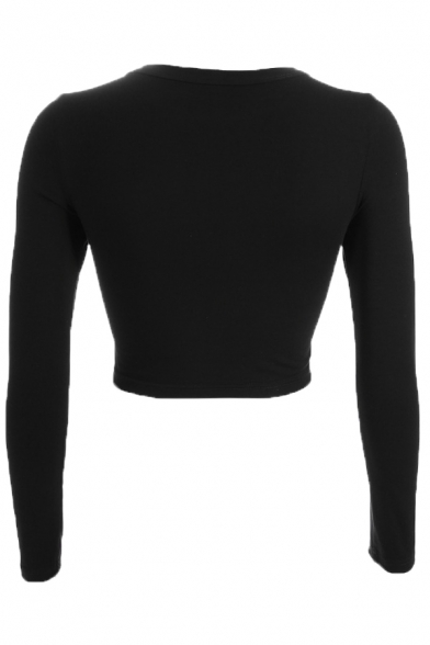 Basic Long Sleeve Crew Neck Body Shape Printed  Slim Fit Black Crop T-Shirt for Ladies
