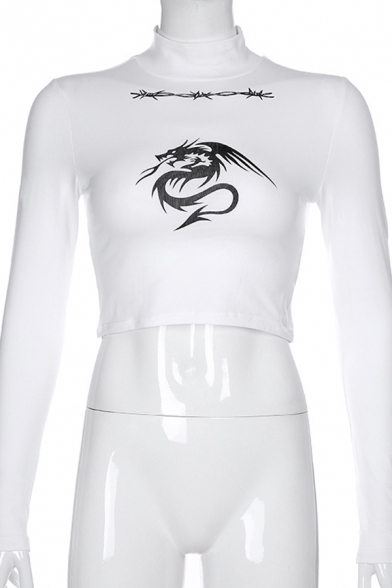 Basic White Long Sleeve High Neck Wire Dragon Patterned Slim Fit Crop T Shirt for Women