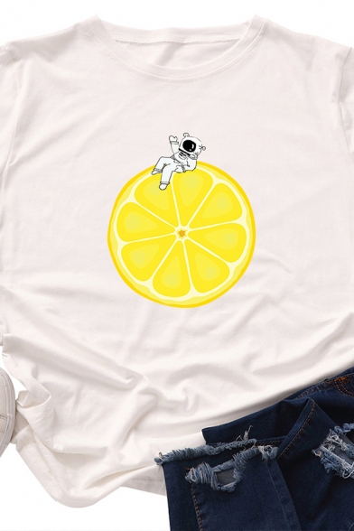 Casual Lemon and Astronaut Pattern Short Sleeves Crew Neck Loose T-Shirt
