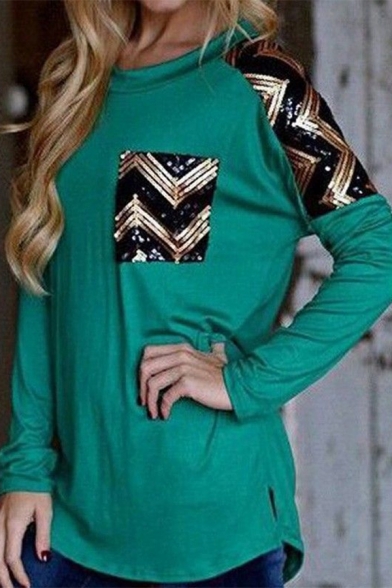 Cool Sequined Zigzag Printed False Pocket Long Sleeve Crew Neck Green Leisure T-Shirt
